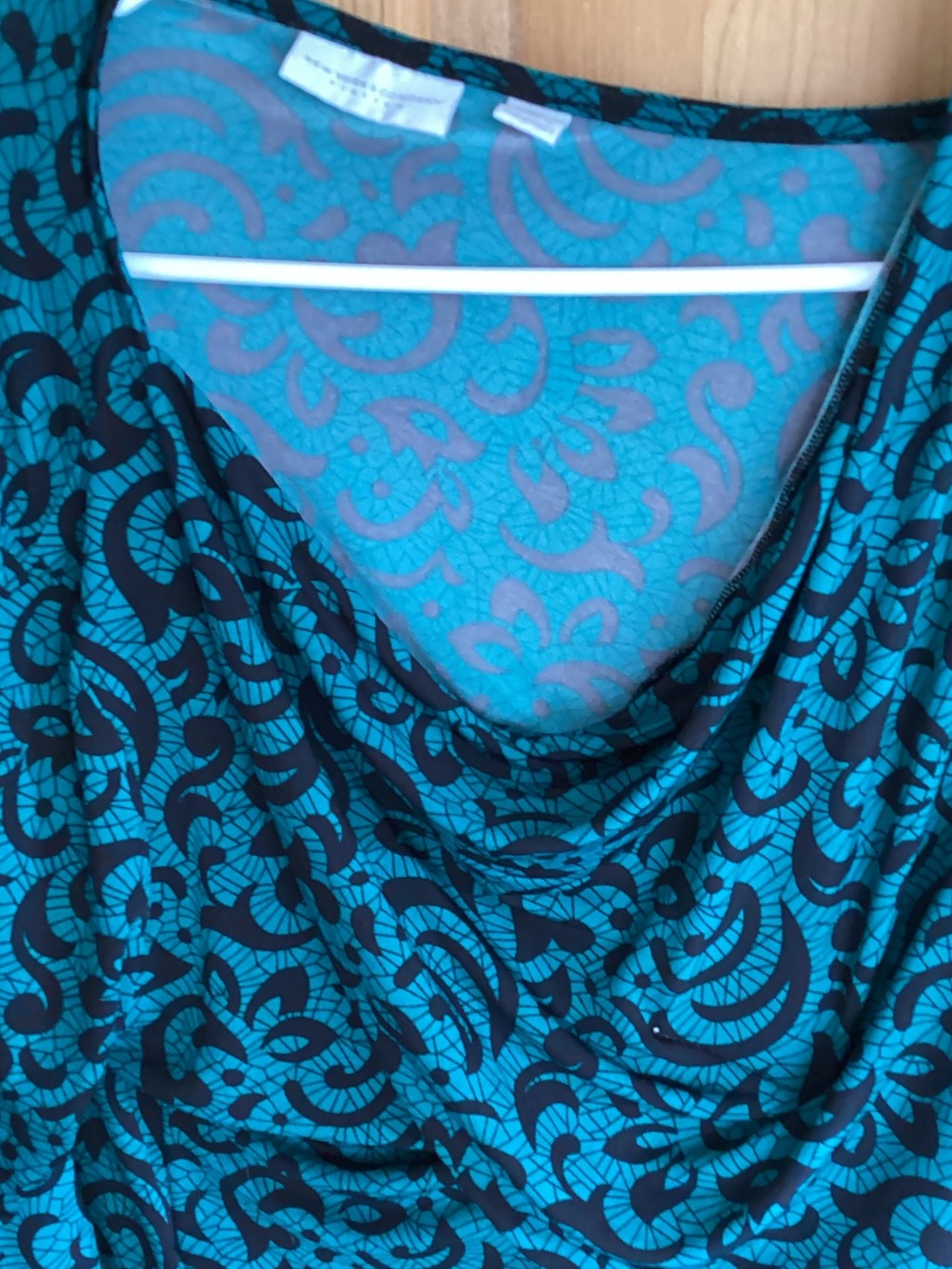 New York & Company Teal and Black Printed Cowl Neck Blouse